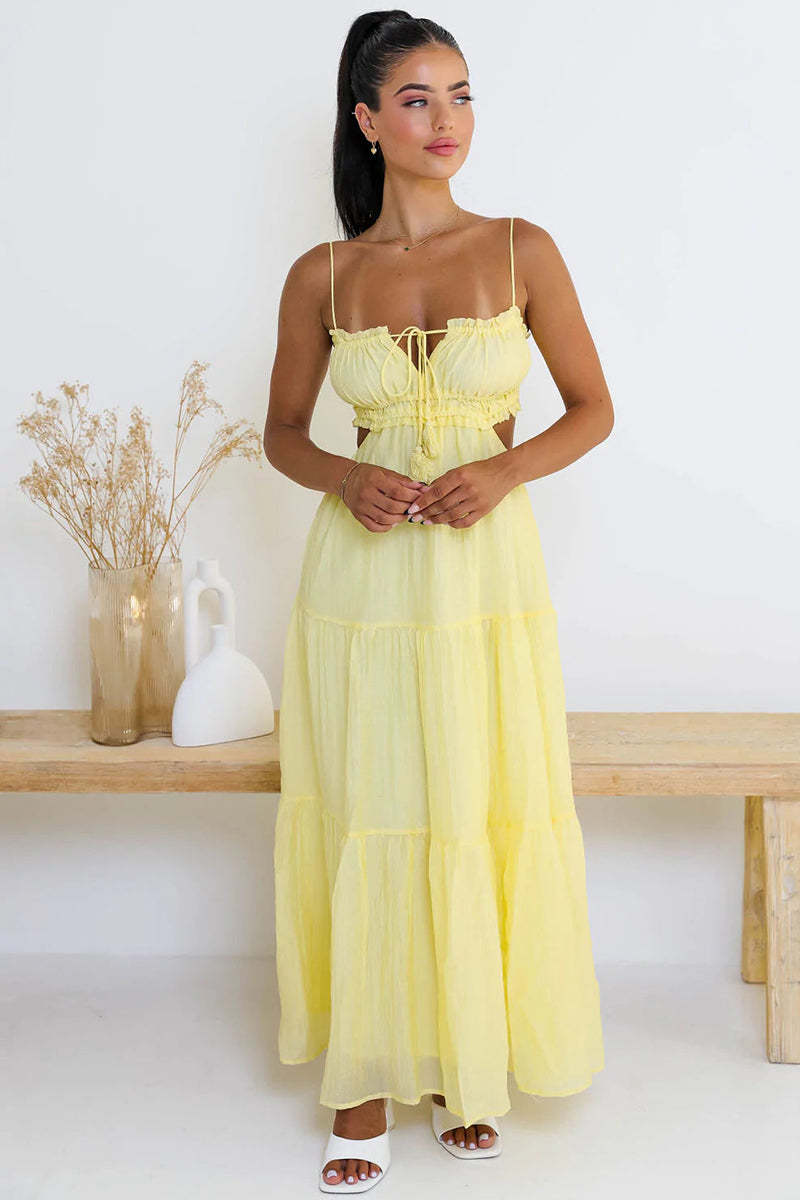 Tied Up Backless Ruched Tiered Pleated Slip Maxi Dress