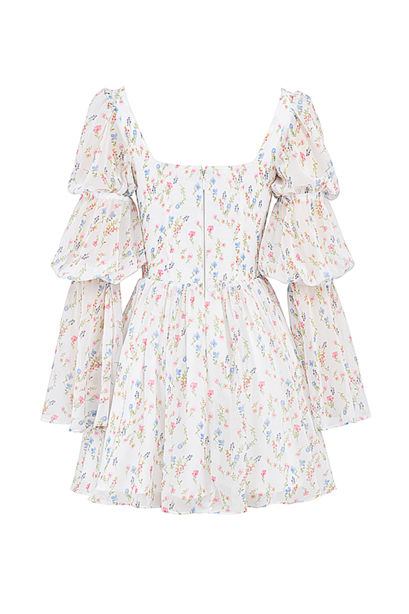 Square Neck Tiered Puff Sleeve Corset Ditsy Floral Print A-Line Mini Dresses-White
