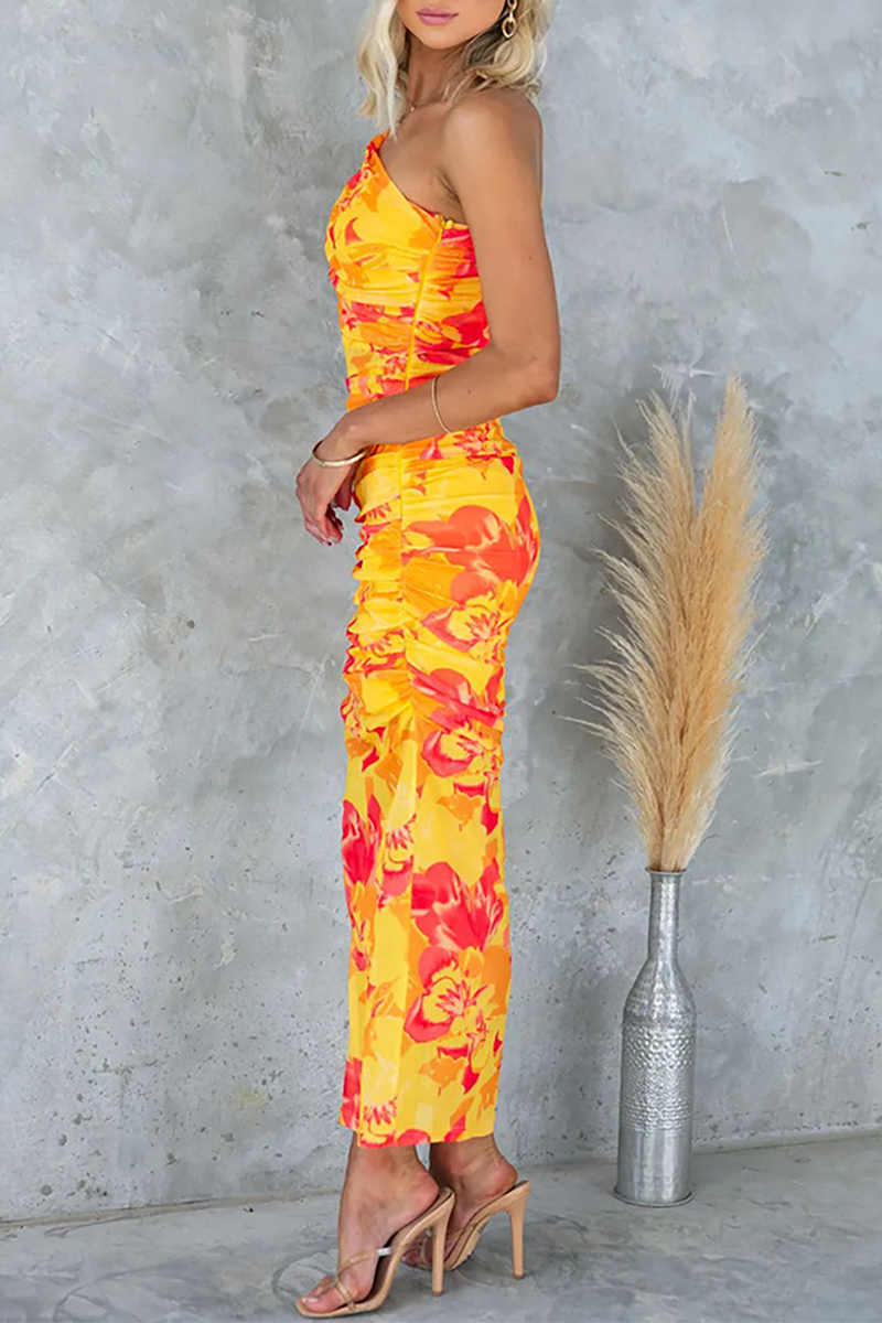 Sleeveless One Shoulder Floral Print Slim Fit Ruched Midi Dresses-Green