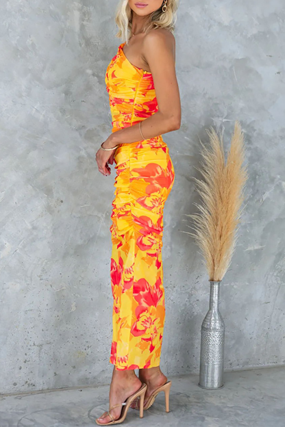 Sleeveless One Shoulder Floral Print Slim Fit Ruched Midi Dresses-Green