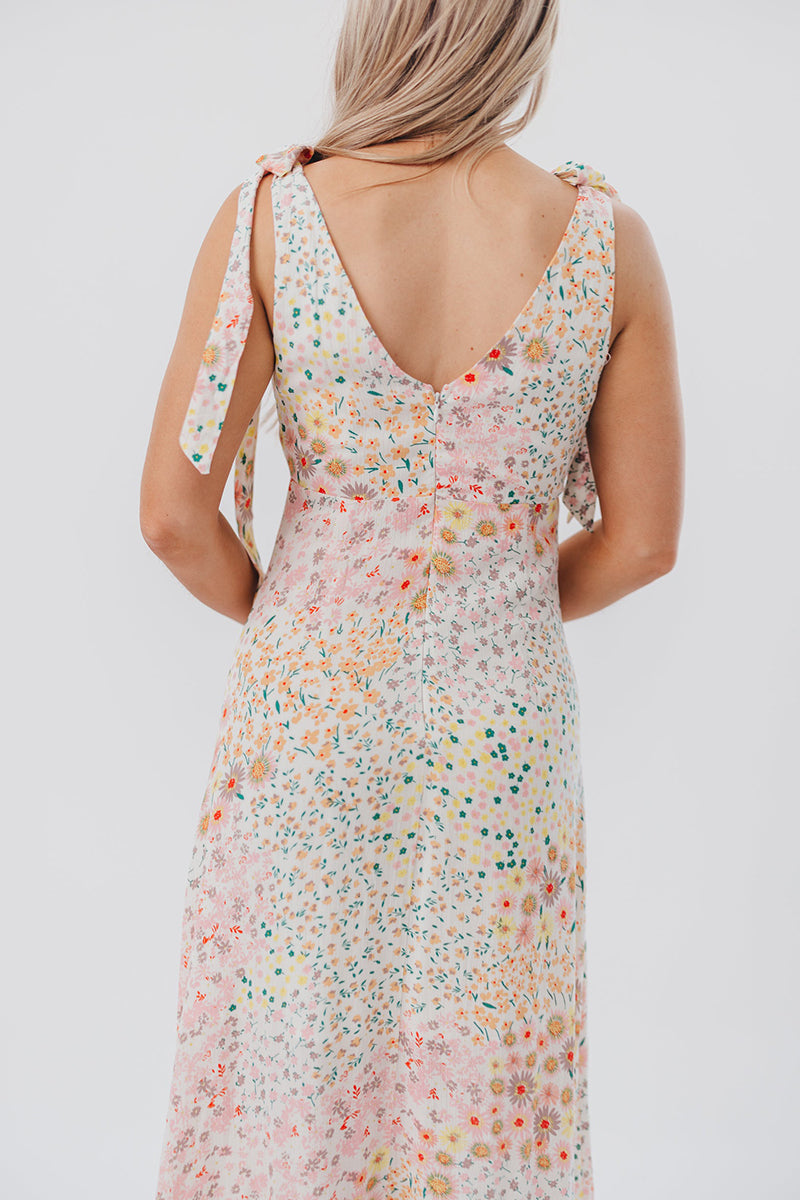 Floral Print V Neck Tied Up Sleeveless Midi Dresses-Beige Pre Order