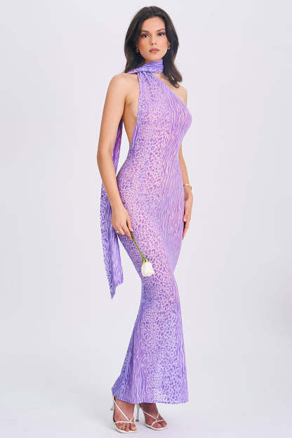 Leopard Print Sash Backless Mermaid Hem Maxi Dresses-Purple