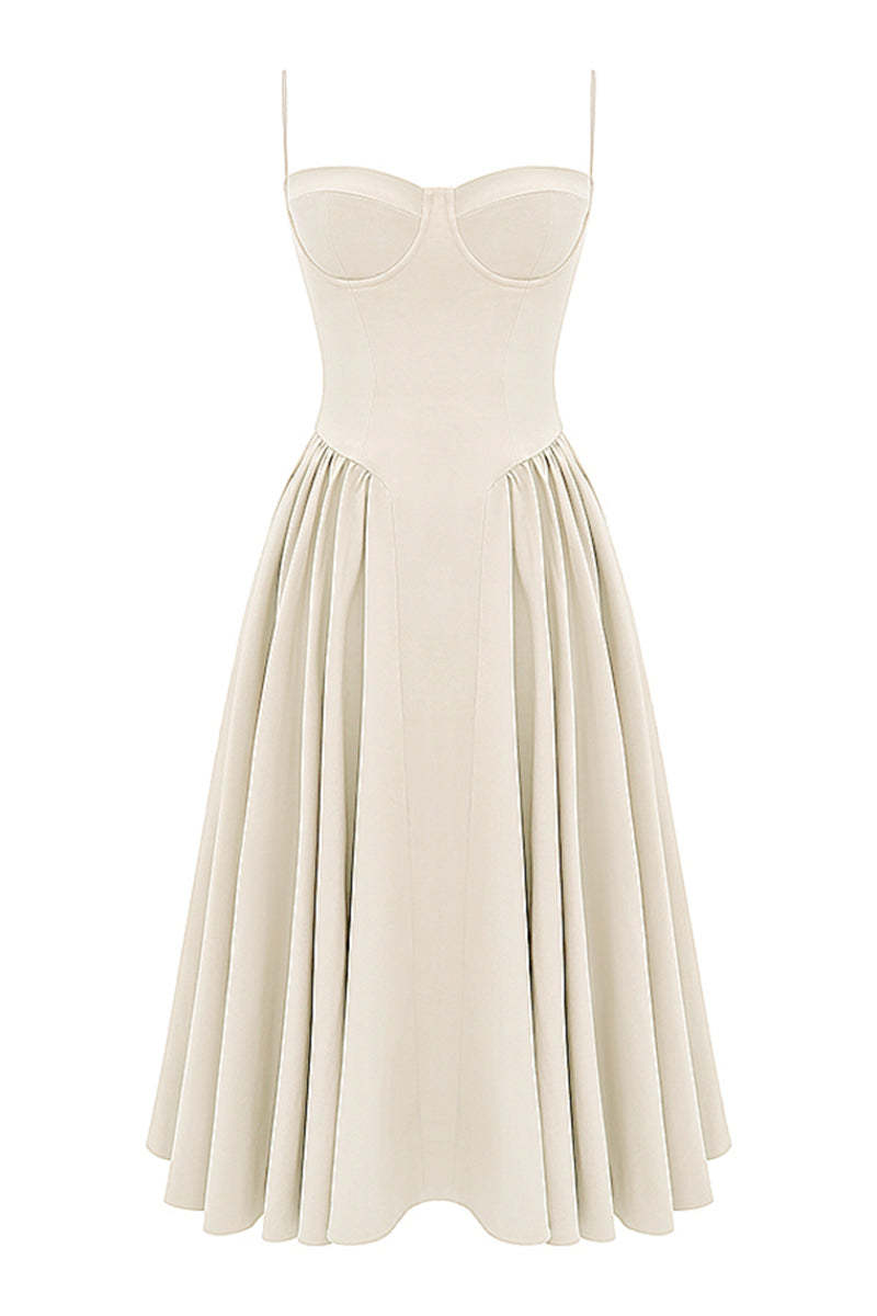 Elegant Cinch Waist Pleated Formal Party Slip Midi Dresses-Beige