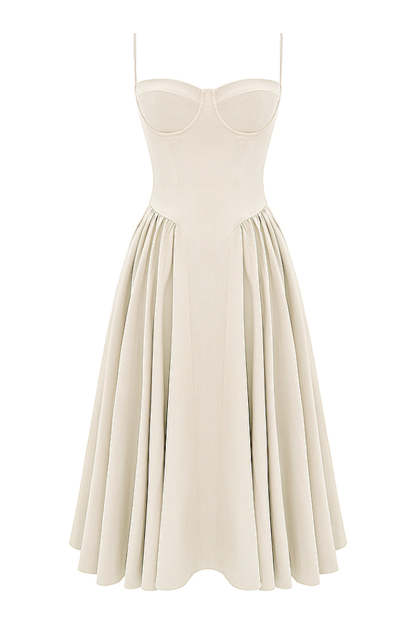 Elegant Cinch Waist Pleated Formal Party Slip Midi Dresses-Beige