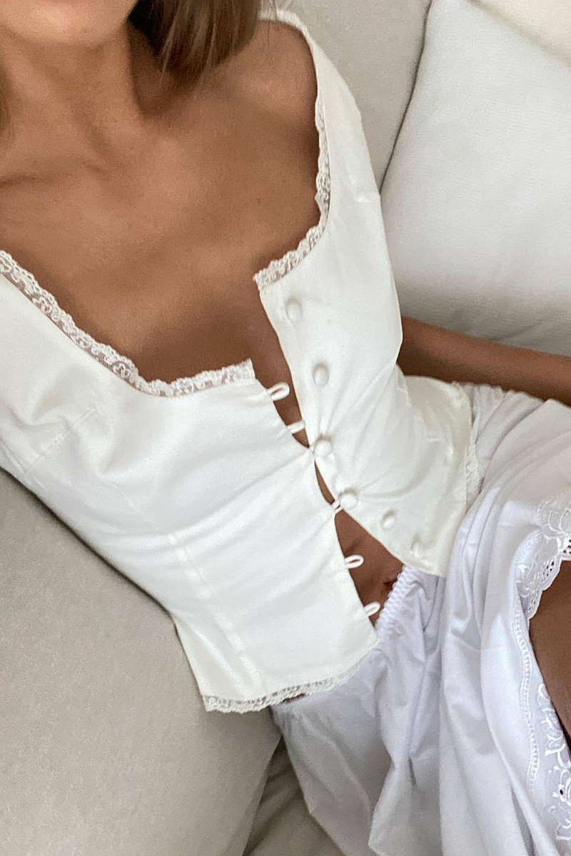 Solid Color Single-Breasted Lace Trim Thick Straps Sleeveless Top-White