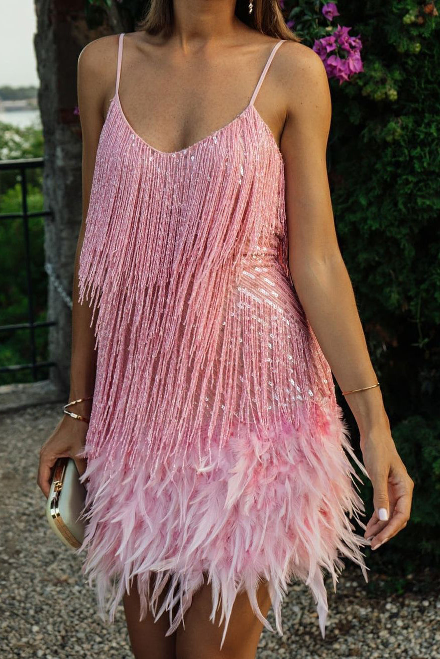 Fringed Sequin Feather Trim Party Mini Dresses