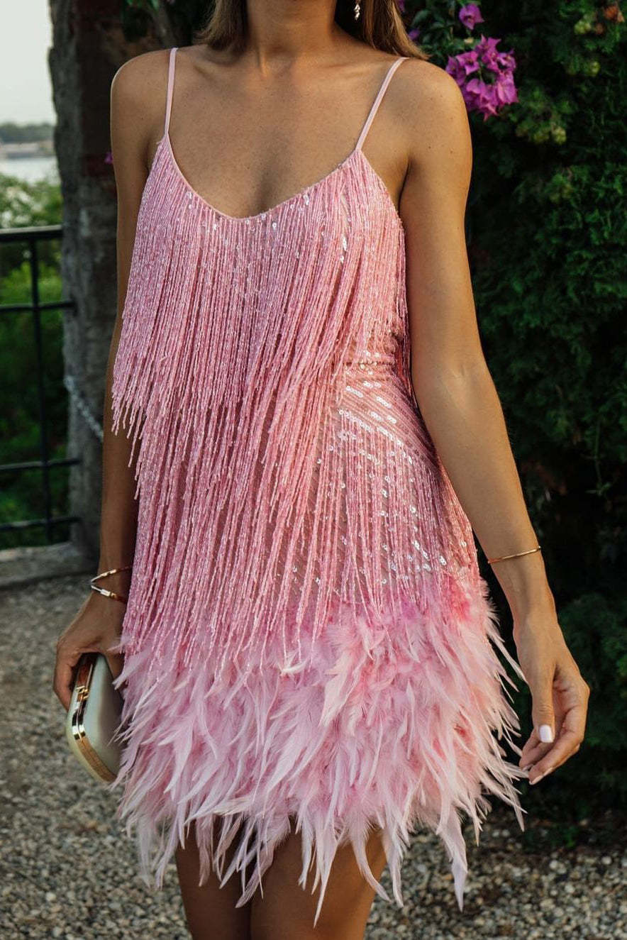 Fringed Sequin Feather Trim Party Mini Dresses