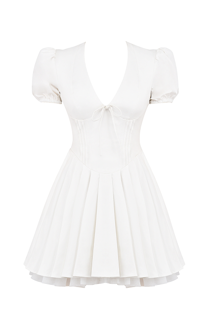 Deep V Neck Juliet Sleeve Corset Pleated Mini Dresses-White Pre Order