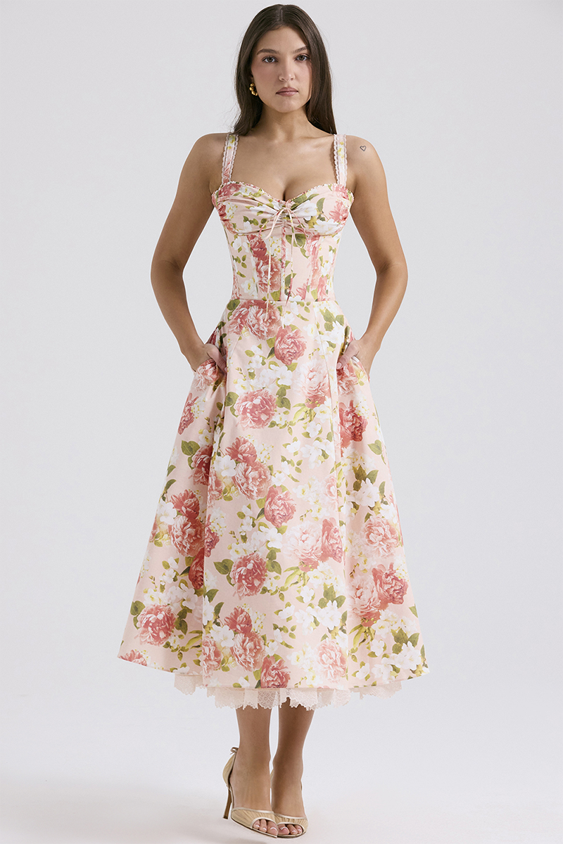 Floral Print Front Tie Up Corset A-Line Garden Party Slip Midi Dresses-Pink