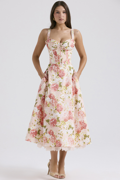 Floral Print Front Tie Up Corset A-Line Garden Party Slip Midi Dresses-Pink