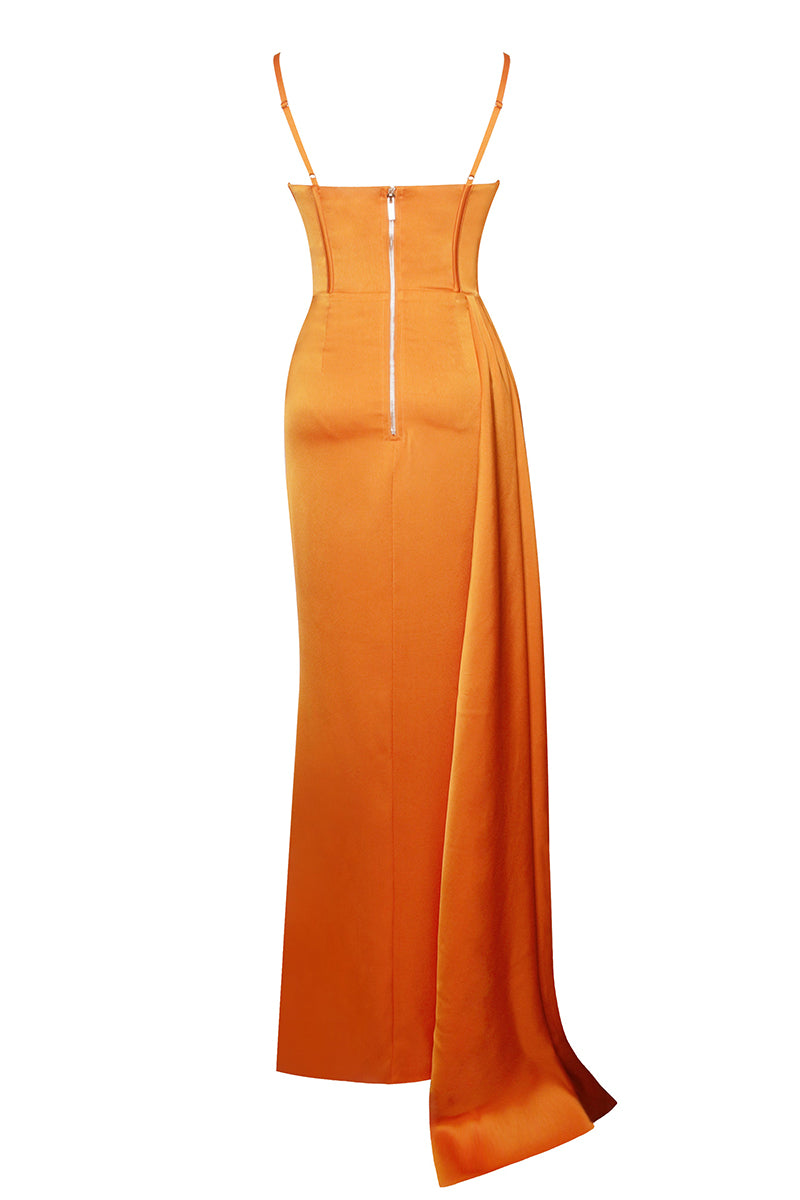 High Slit Irregular Neckline Satin Gown Slip Maxi Dresses