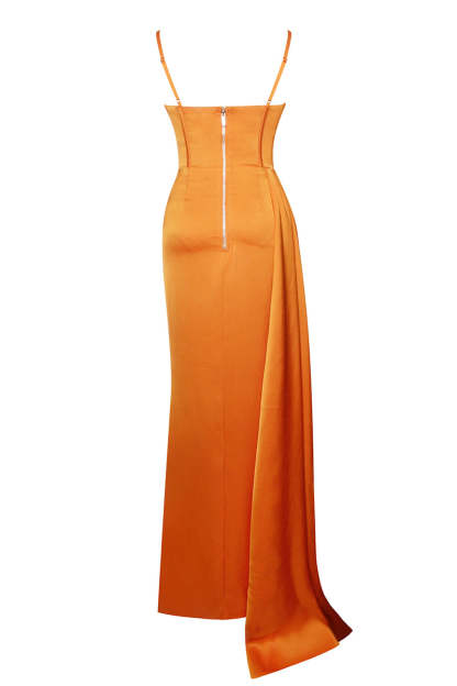 High Slit Irregular Neckline Satin Gown Slip Maxi Dresses