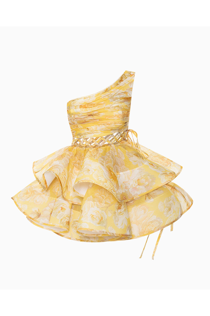 One Shoulder Wrinkle Lace-Up Party Tulle Hem Mini Dresses-Yellow Pre Order