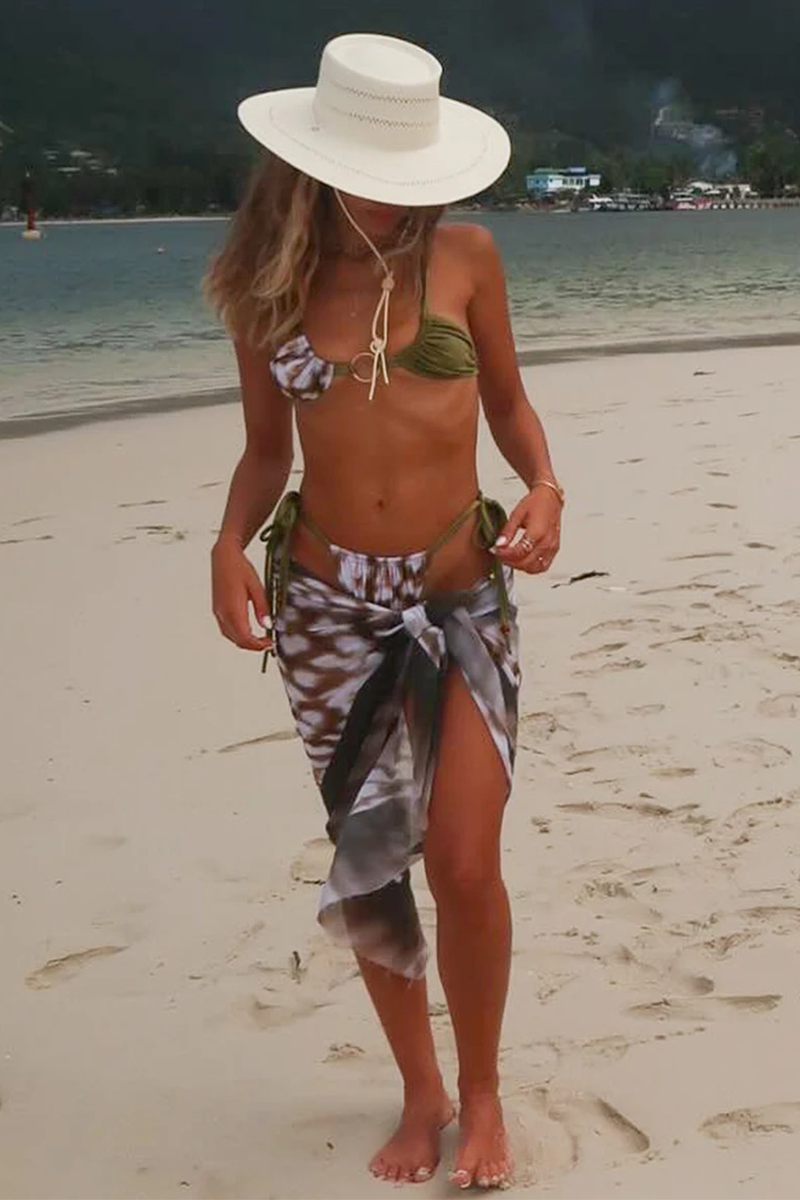 Animal Print Halter Tie Up Maxi Skirt Bikini Three-Piece Set-Green