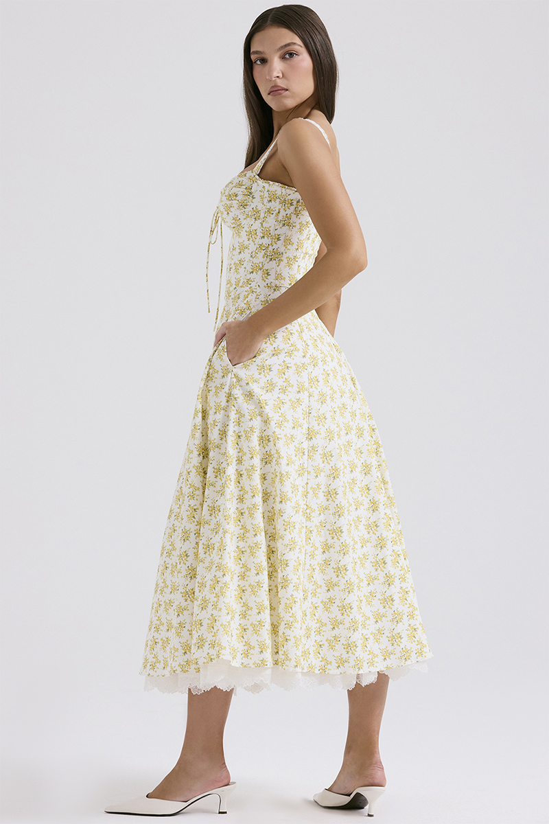 Ditsy Floral Print Cinch Waist Wide Strap Lace Trim Double-Layered Midi Dresses-Yellow