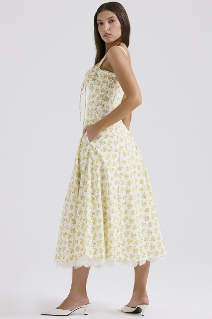 Ditsy Floral Print Cinch Waist Wide Strap Lace Trim Double-Layered Midi Dresses-Yellow