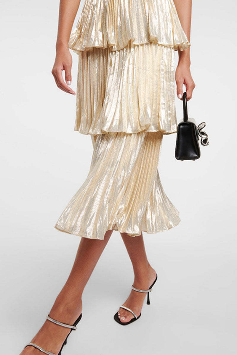 Diamante Straps Pleated Layered Party Satin Midi Slip Dresses-Champagne