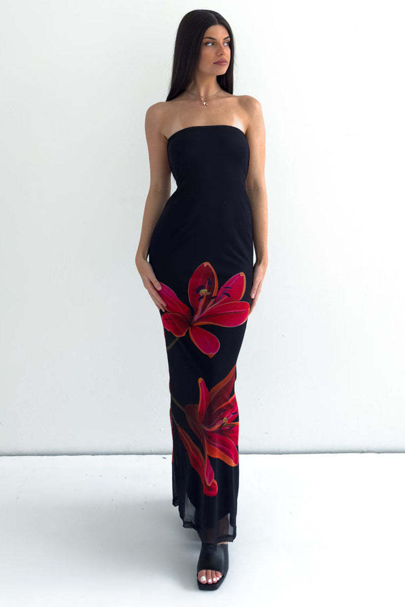 Floral Print Slim-Fit Formal Party Maxi Tube Dresses-Black