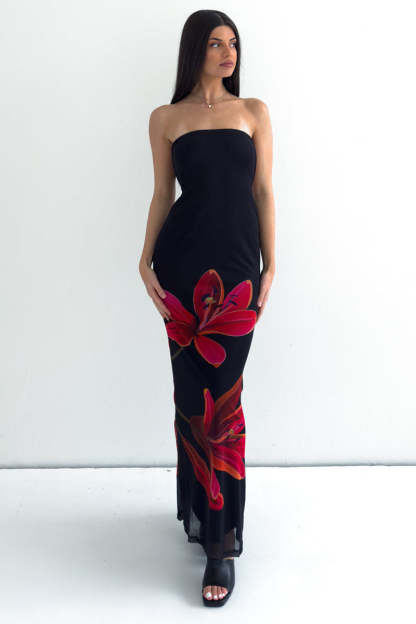 Floral Print Slim-Fit Formal Party Maxi Tube Dresses-Black