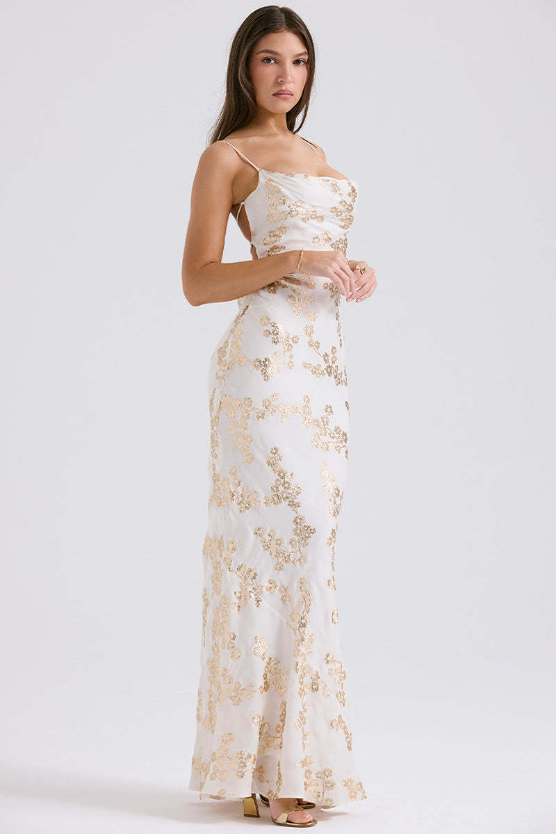 Shimmering Floral Pattern Lace Up Backless Fishtail Hem Slip Maxi Dresses-White