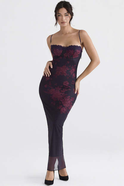 Floral Print Mesh Hem Gown Fishtail Slip Midi Dress