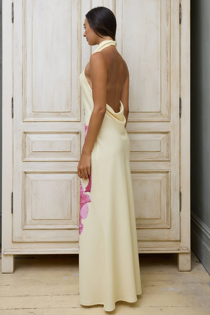 Floral Print Cowl Neck Backless Slim Fit Maxi Dresses-Yellow