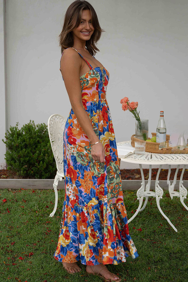 Square Neck Sleeveless Floral Print Pleated Vacation Maxi Dresses