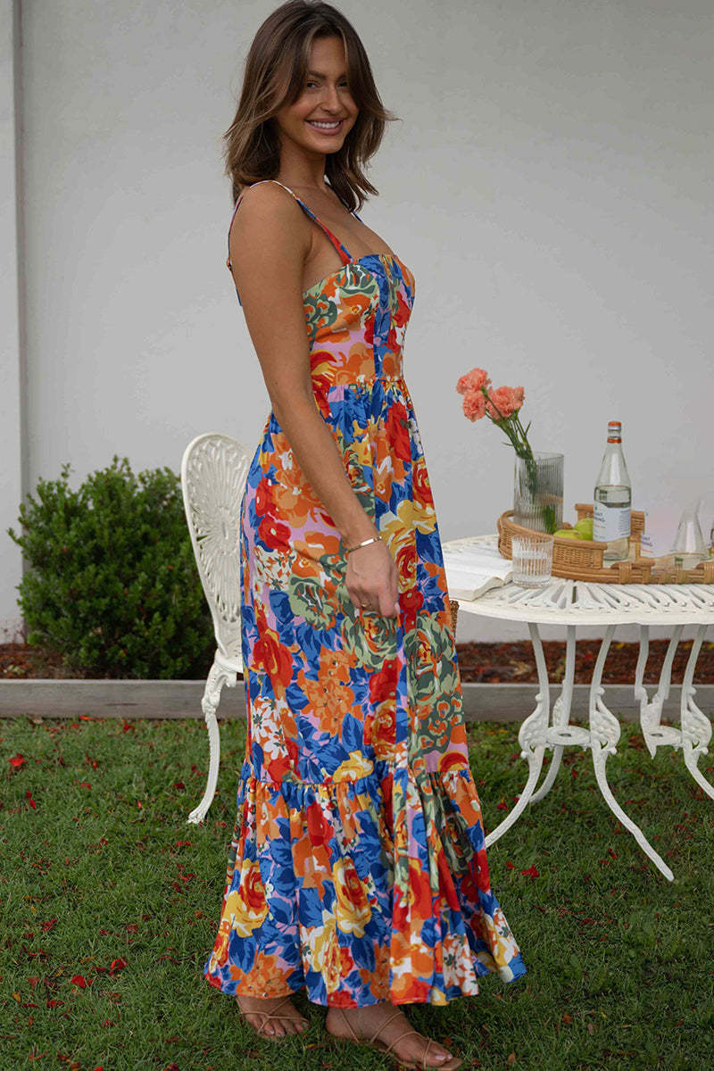 Square Neck Sleeveless Floral Print Pleated Vacation Maxi Dresses