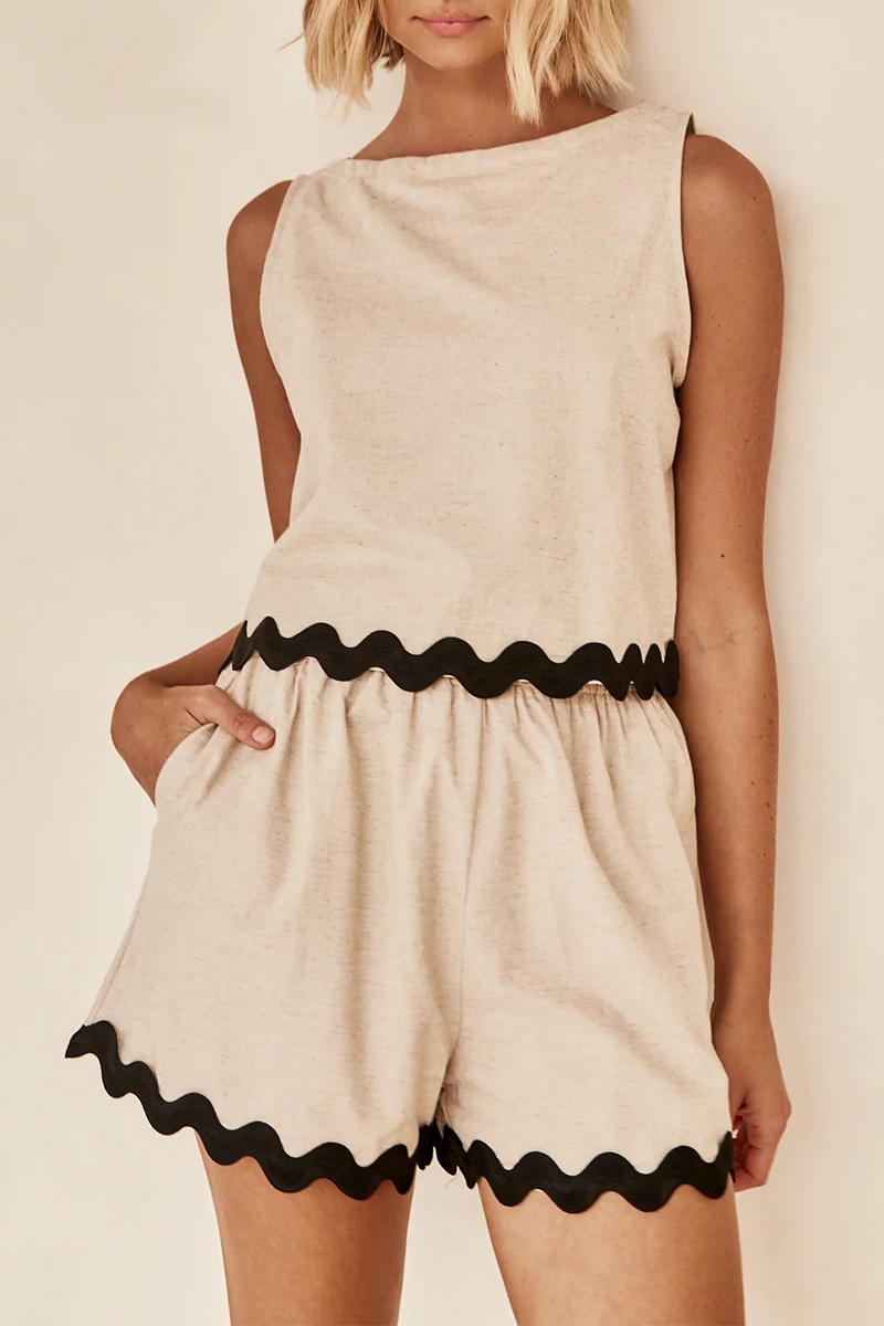 Colorblock Wavy Grain Trim Tank Top Pocket Shorts Matching Set-Pink
