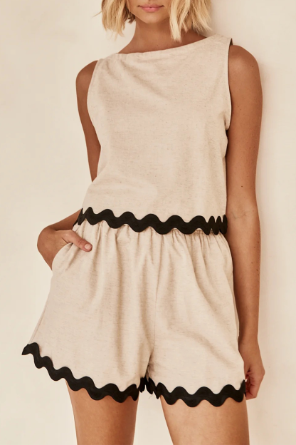 Colorblock Wavy Grain Trim Tank Top Pocket Shorts Matching Set-Pink