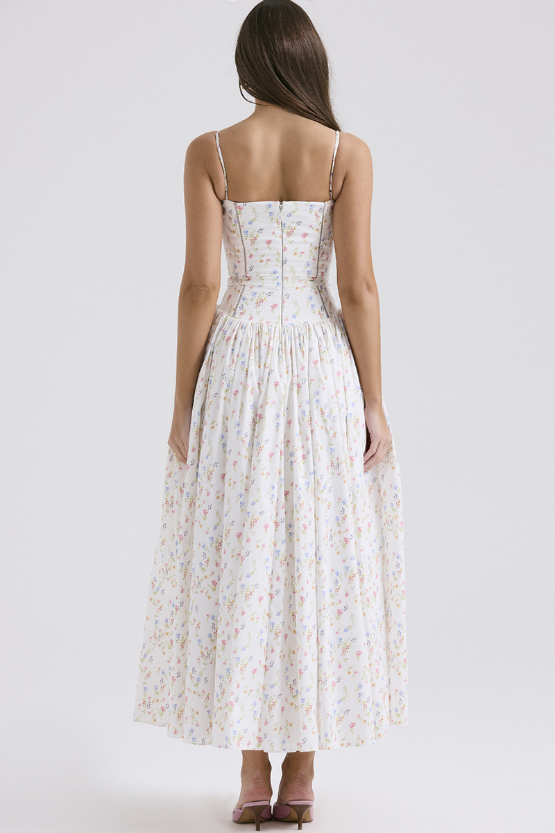 Ditsy Floral Print Boat Neck Corset Slip Midi Dresses-White
