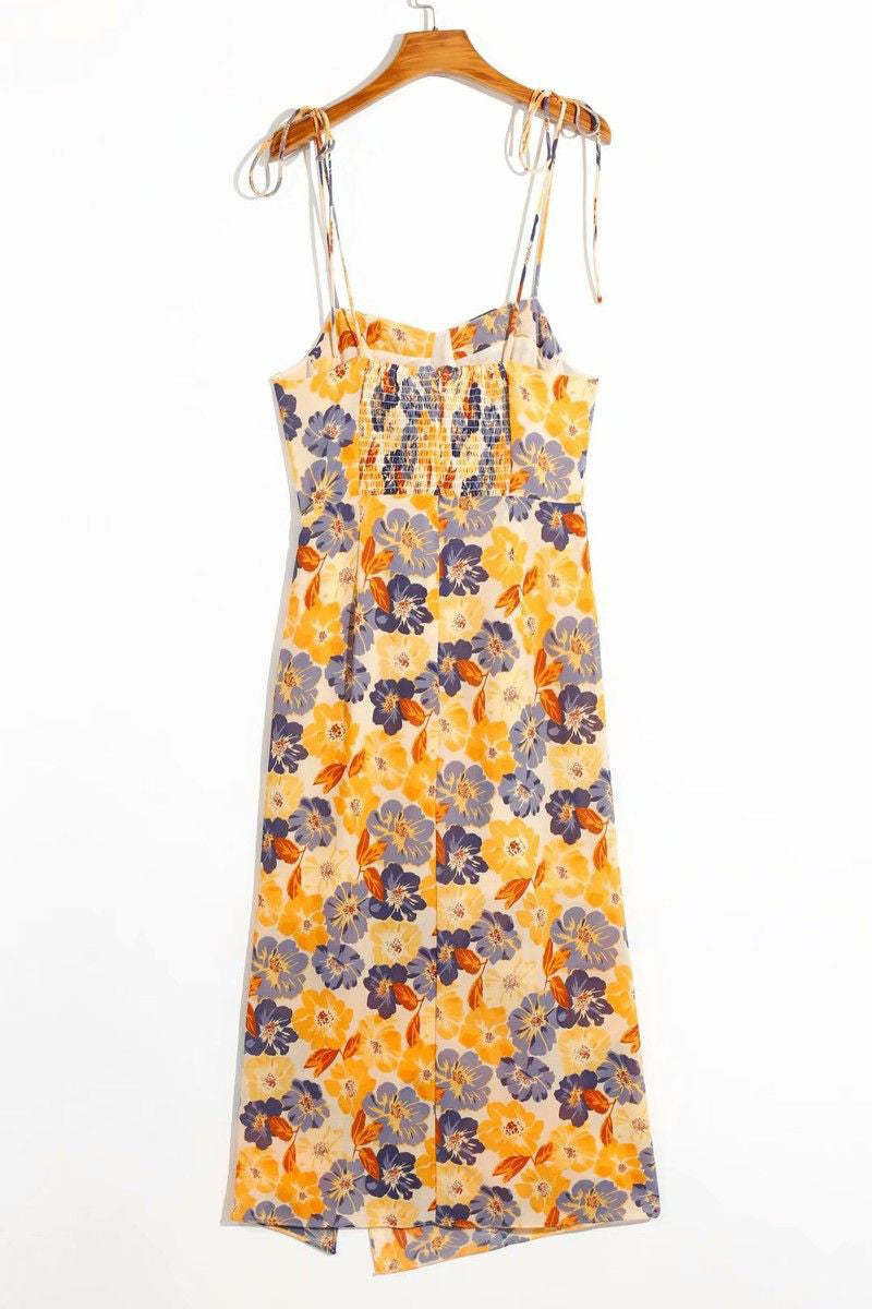 Vacation Irregular Neck Tied Up Cami A-line Floral Print High Slit Midi Dresses