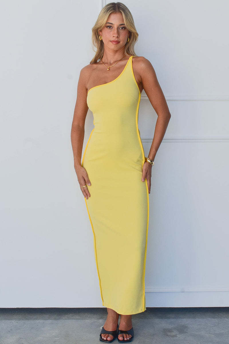 One Shoulder Backless Lace Up Slim Fit Maxi Dresses-Yellow