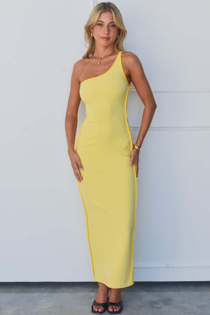 One Shoulder Backless Lace Up Slim Fit Maxi Dresses-Yellow