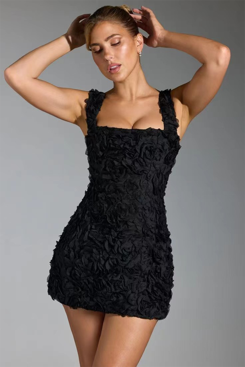 Wide Strap Square Neck 3D Flower Slim Fit Sleeveless Mini Dresses-White