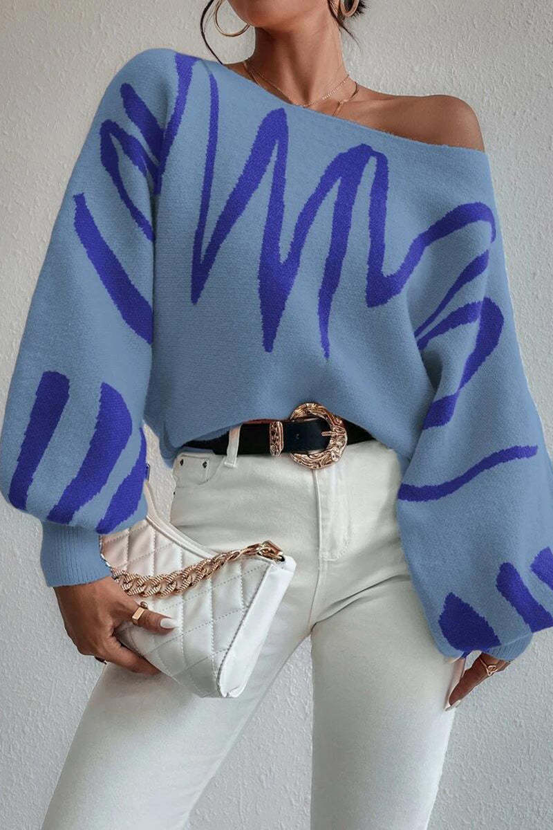 Knit Pattern Print Balloon Sleeve Sweater-Blue