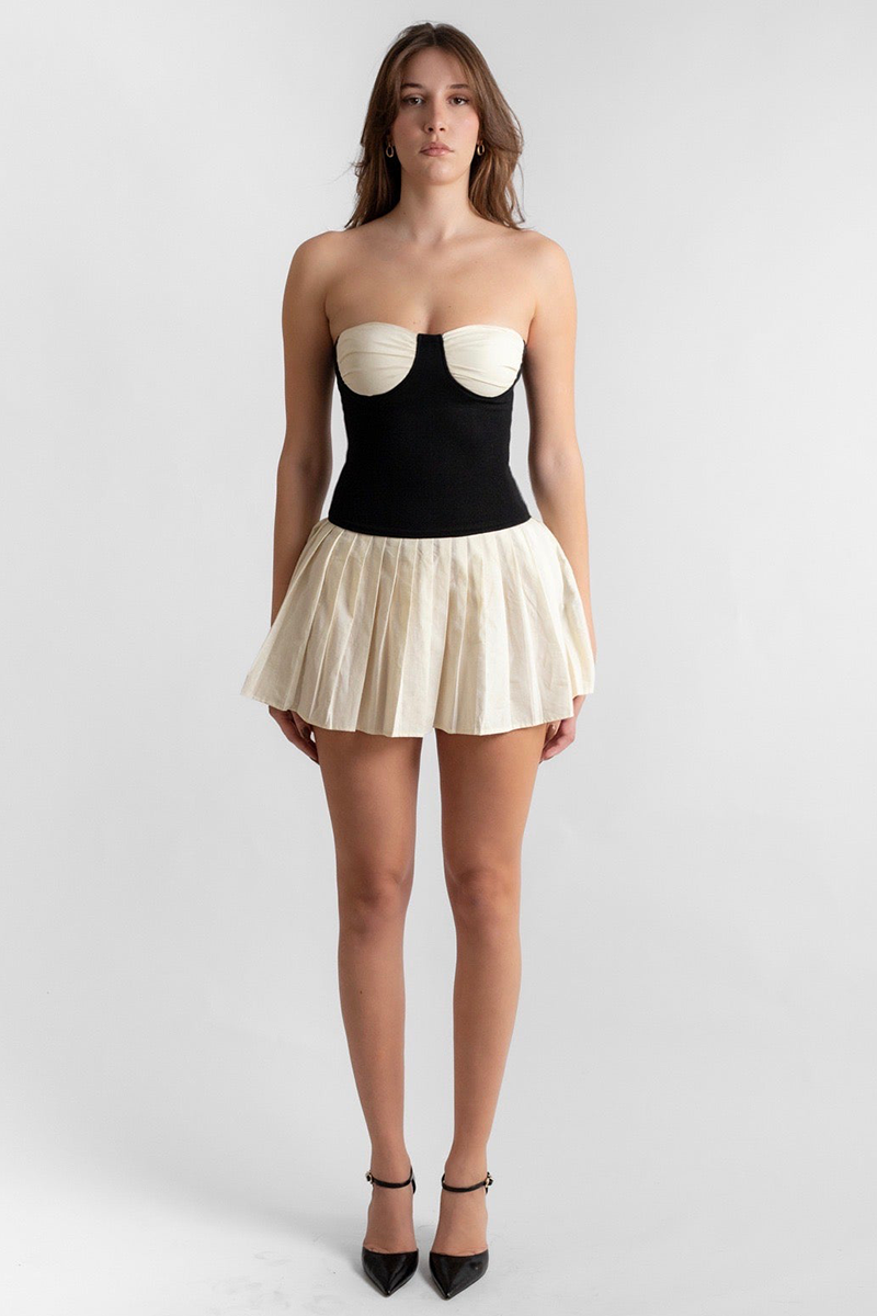 Colorblock Cinch Waist Pleated Hem Strapless Mini Dresses-Black