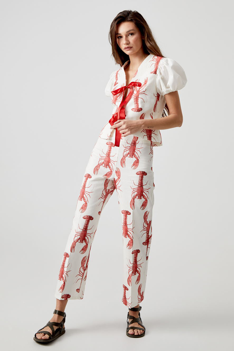 Lobster Print Puff Sleeve Tie Up Top Straight Leg Pants Matching Set-White
