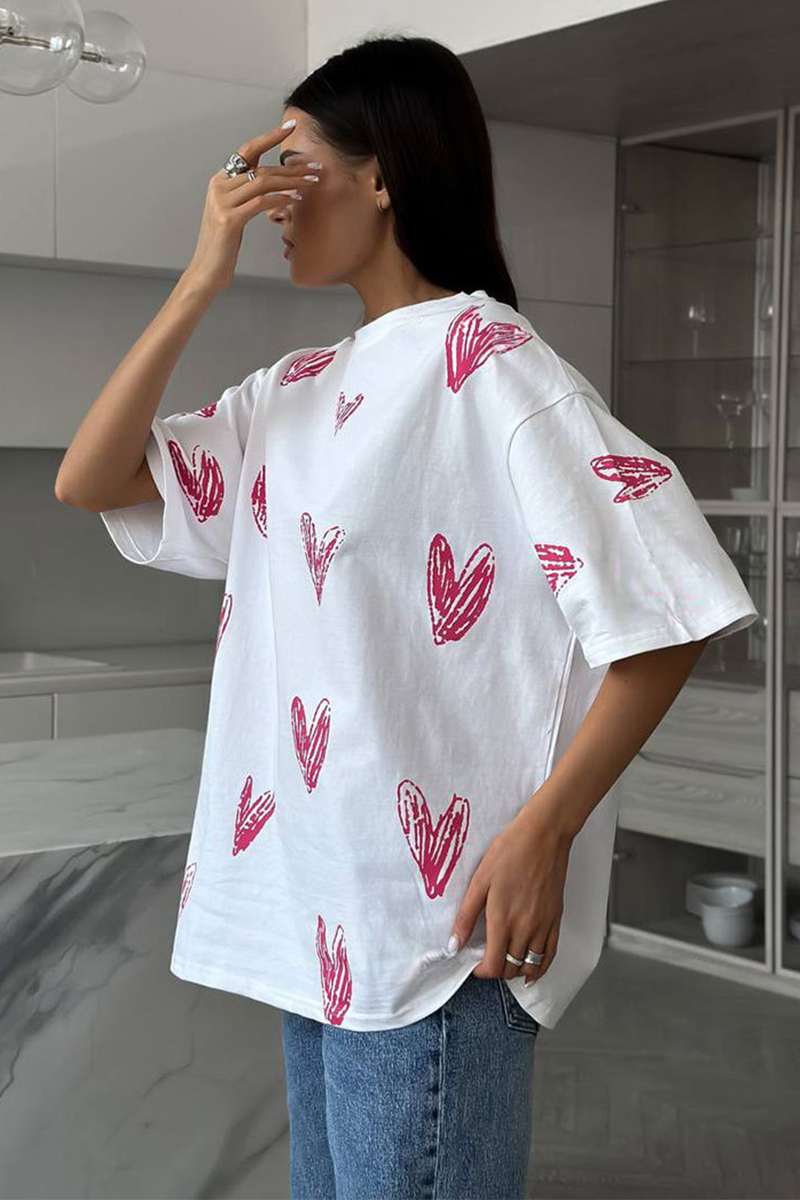 Heart Print Half Sleeve Loose Fit Casual T-shirt-White