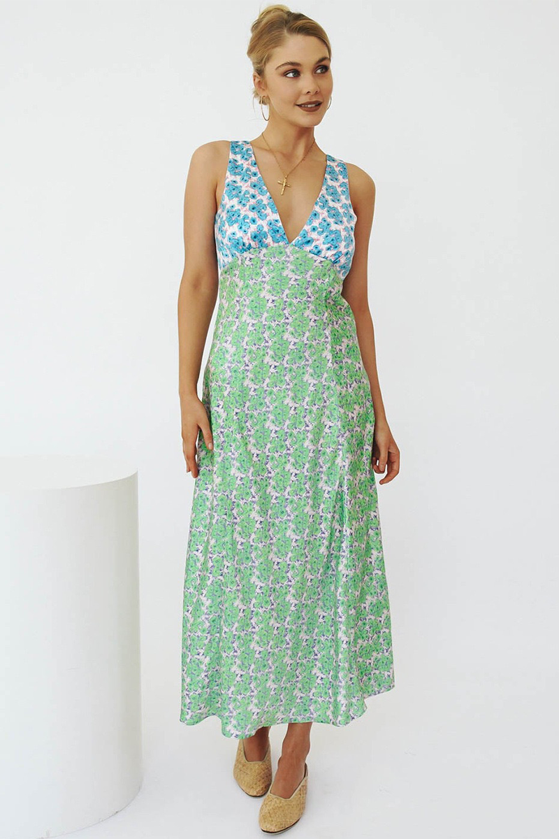 Colorblock Floral Print V Neck Tie Up Backless Maxi Tank Dresses-Black