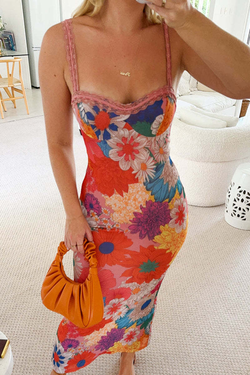 Guipure Lace Floral Print Vacation Maxi Slip Dresses-Orange