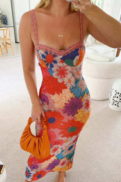 Guipure Lace Floral Print Vacation Maxi Slip Dresses-Orange