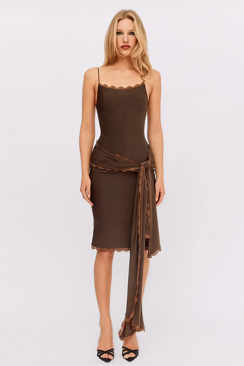 Lace Trim Slim Fit Tie Up Streamer Spaghetti Strap Midi Dresses-Brown