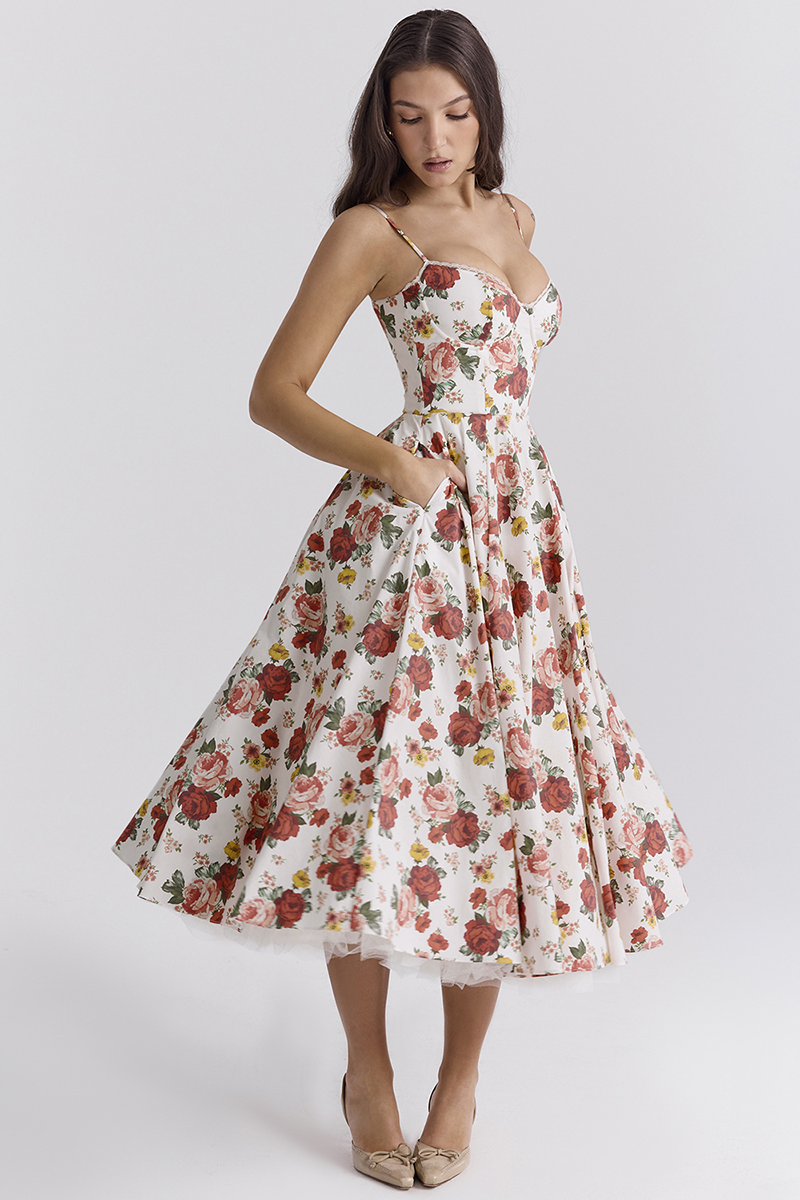 Floral Print Corset Spaghetti Strap Midi Dresses-White
