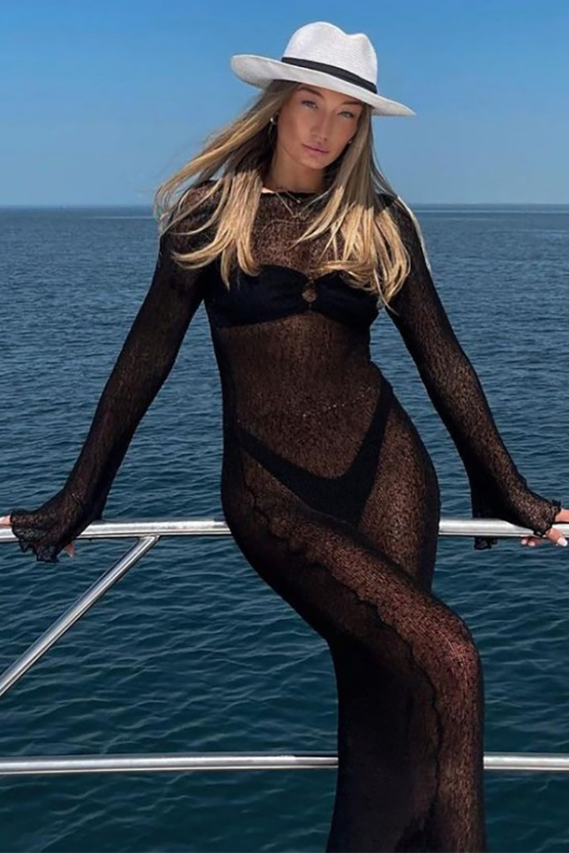 Long Sleeve Backless Slim Fit Knit See Through Cover Ups Vacation Maxi Dresses-White