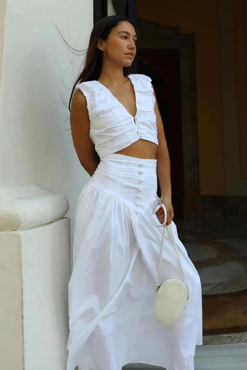 Button V Neck Crop Tank Top High Waist Maxi Skirt 2pcs Set-White