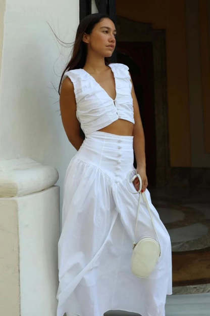 Button V Neck Crop Tank Top High Waist Maxi Skirt 2pcs Set-White