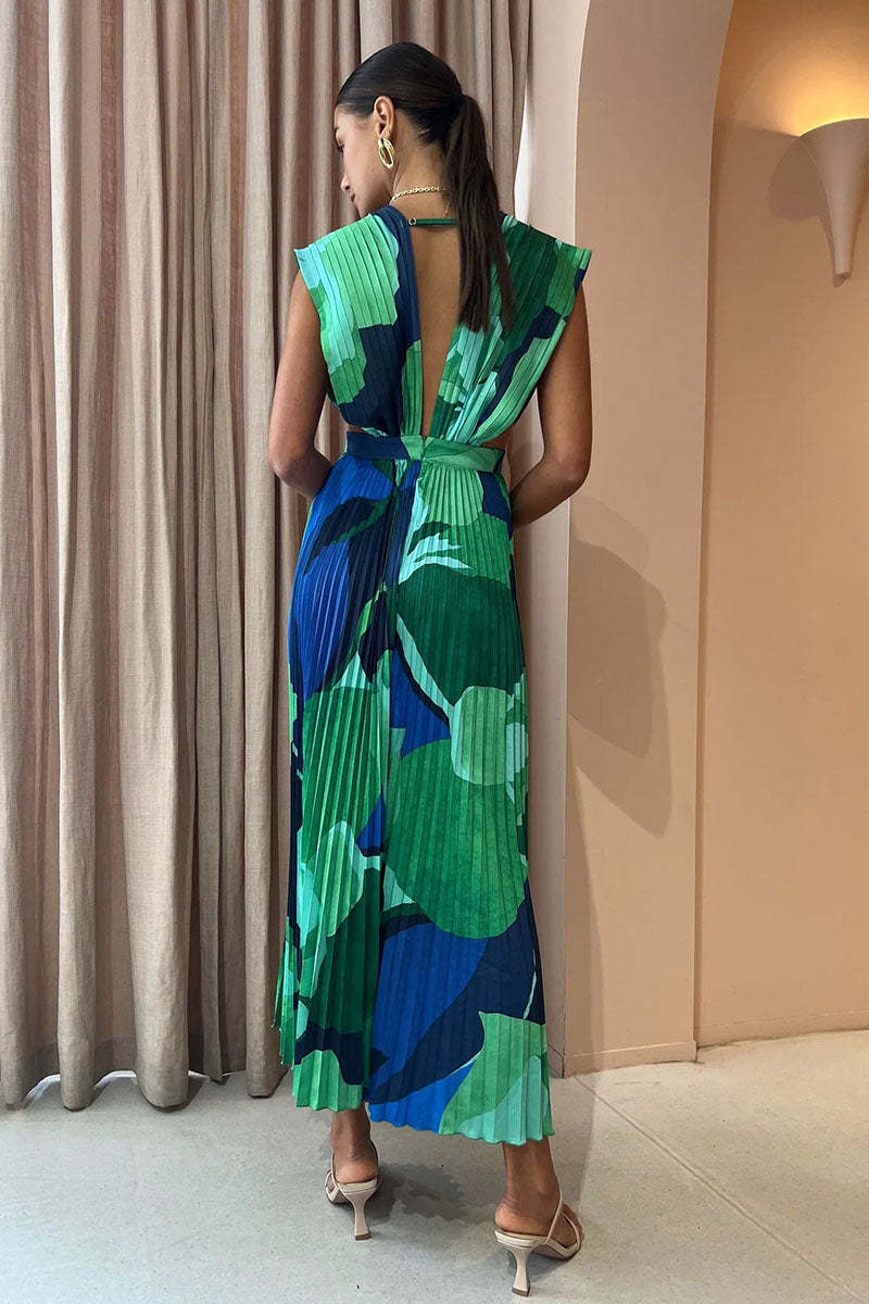 V Neck Sleeveless A-Line Print Maxi Dresses