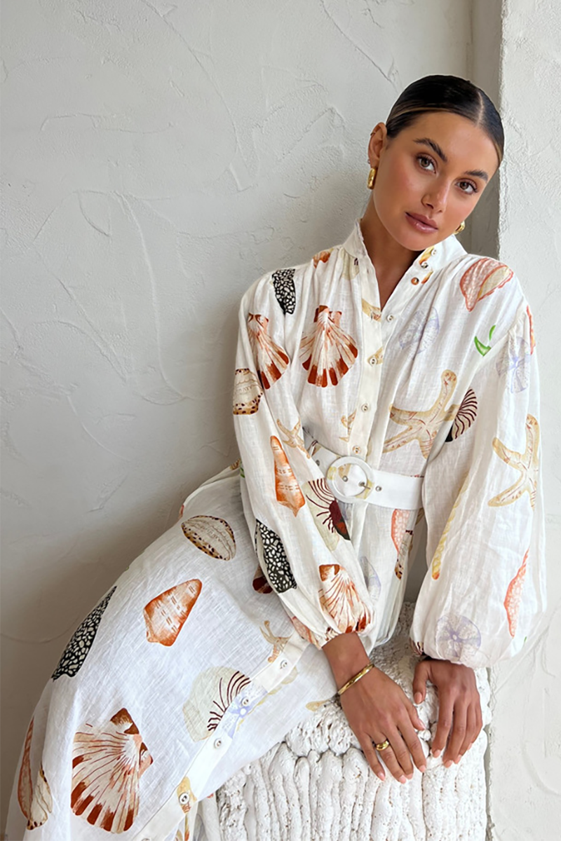 Seashell Starfish Print Lantern Sleeve Button Up Blouse Maxi Dresses-White