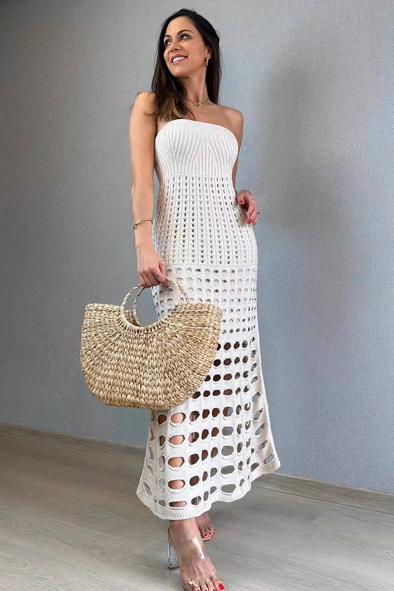 Knit Strapless Slim Fit Hollow Out Vacation Maxi Dresses-White